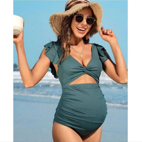 Charmo Green Ruffle Ribbed Pregnancy Cut Out One Piece Swimsuit Large - Picture 4 of 13